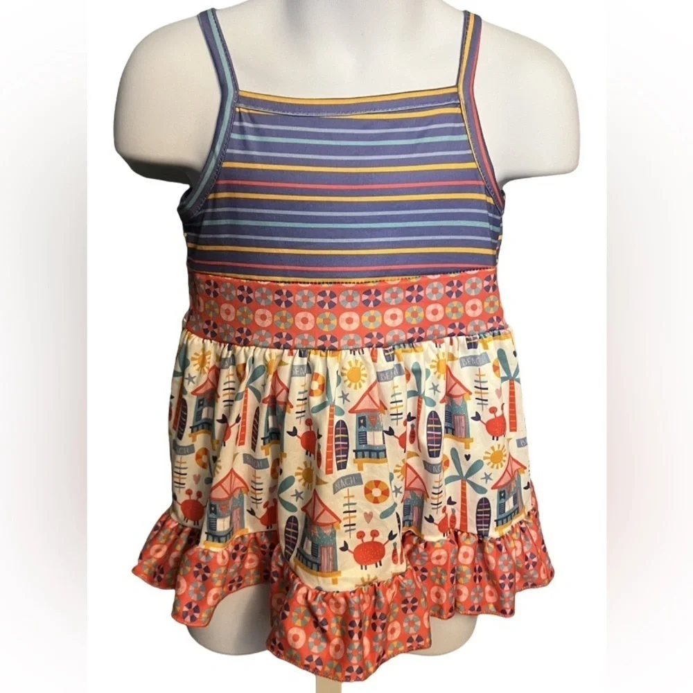 Pete and Lucy Beach Spaghetti Strap Striped Tank Dress with Hut Surf Board Crab
